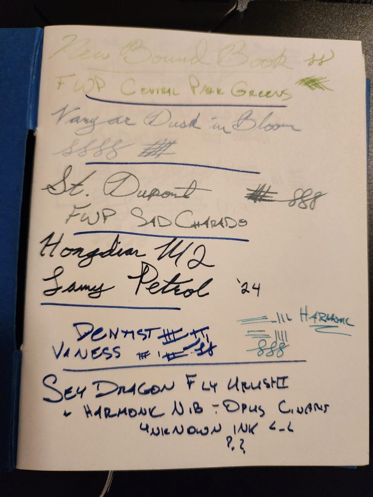 A closeup photo of the first page in a small, hand-bound, book. Several varieties of ink adorn the page, written in various pens, mostly shades of blue with one light green colour at the top of the page.