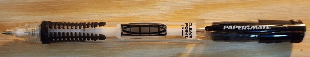 A closeup photo of the clear barrel of the Paper Mate Clear Point mechanical pencil.