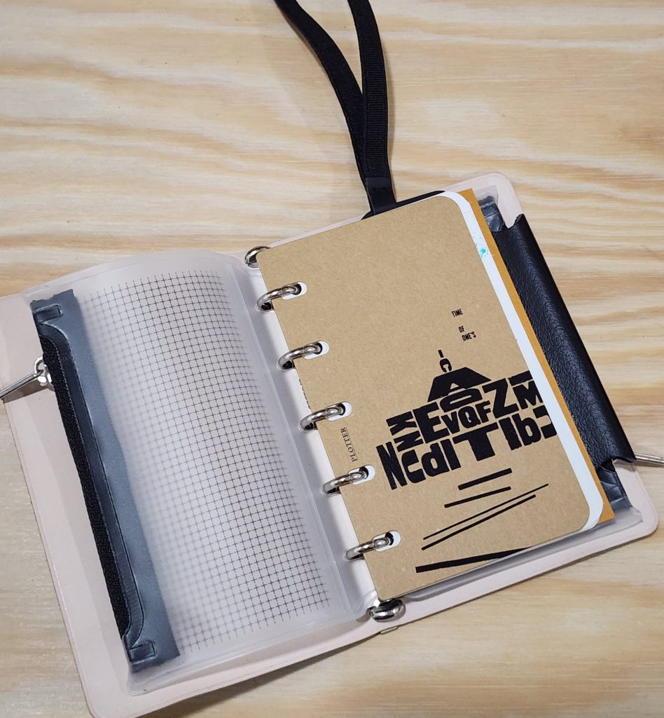 The PLOTTER Mini5 notebook cover sits open on a wooden table. The interior shows a zipper case on the left, and a brown cardstock divider covering some papers behind it on the right.