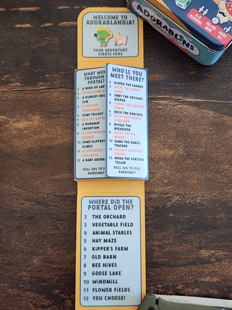 The interior of a small cardboard wrapping from the Adorablins Adventure Pack, the flaps come fully open and the interior contains multiple lists from 2-12 for random choices of "Who you'll meet", and "What went through the portal"