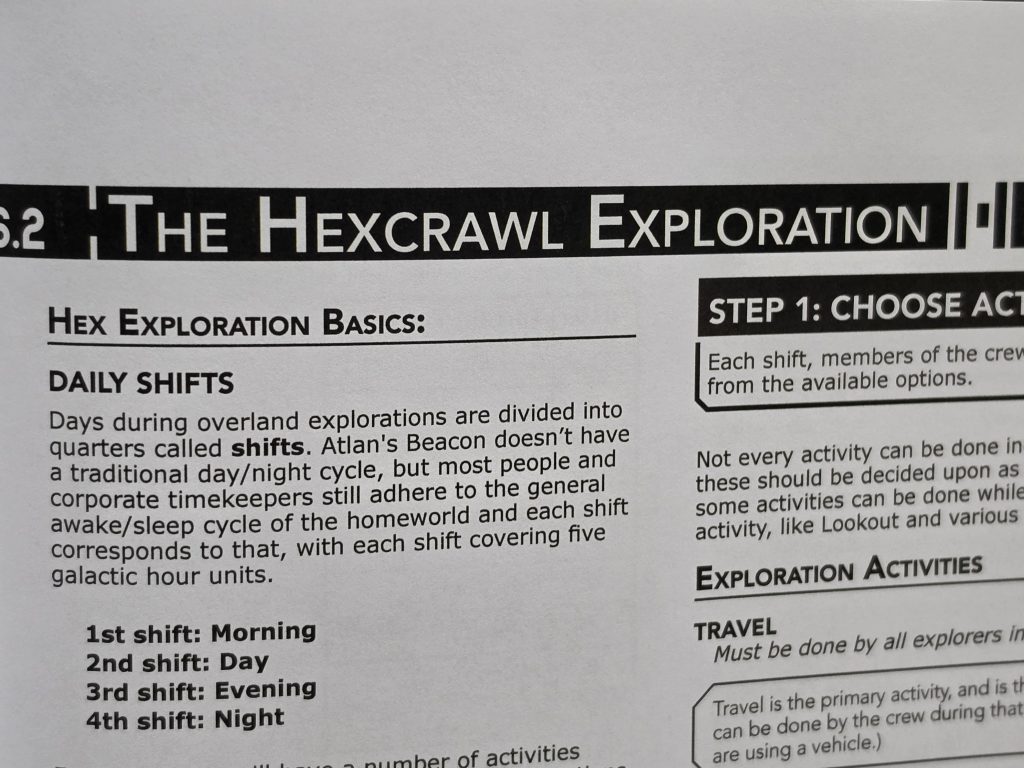 A snippet of interior pages from the Sci-Fi-V rulebook. A closeup of "The Hexcrawl Exploration" rules title.