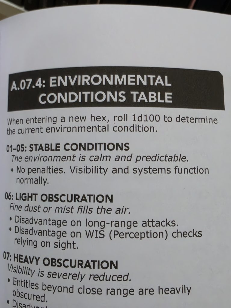 A snippet of interior pages from the Sci-Fi-V rulebook. A closeup of the Environmental Conditions table heading.